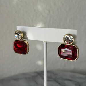 NEW Heidi Daus Siam Red & Clear Crystal East West Earrings
